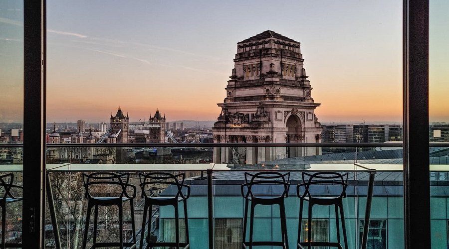 Skybar view over Tower Bridge at sunset