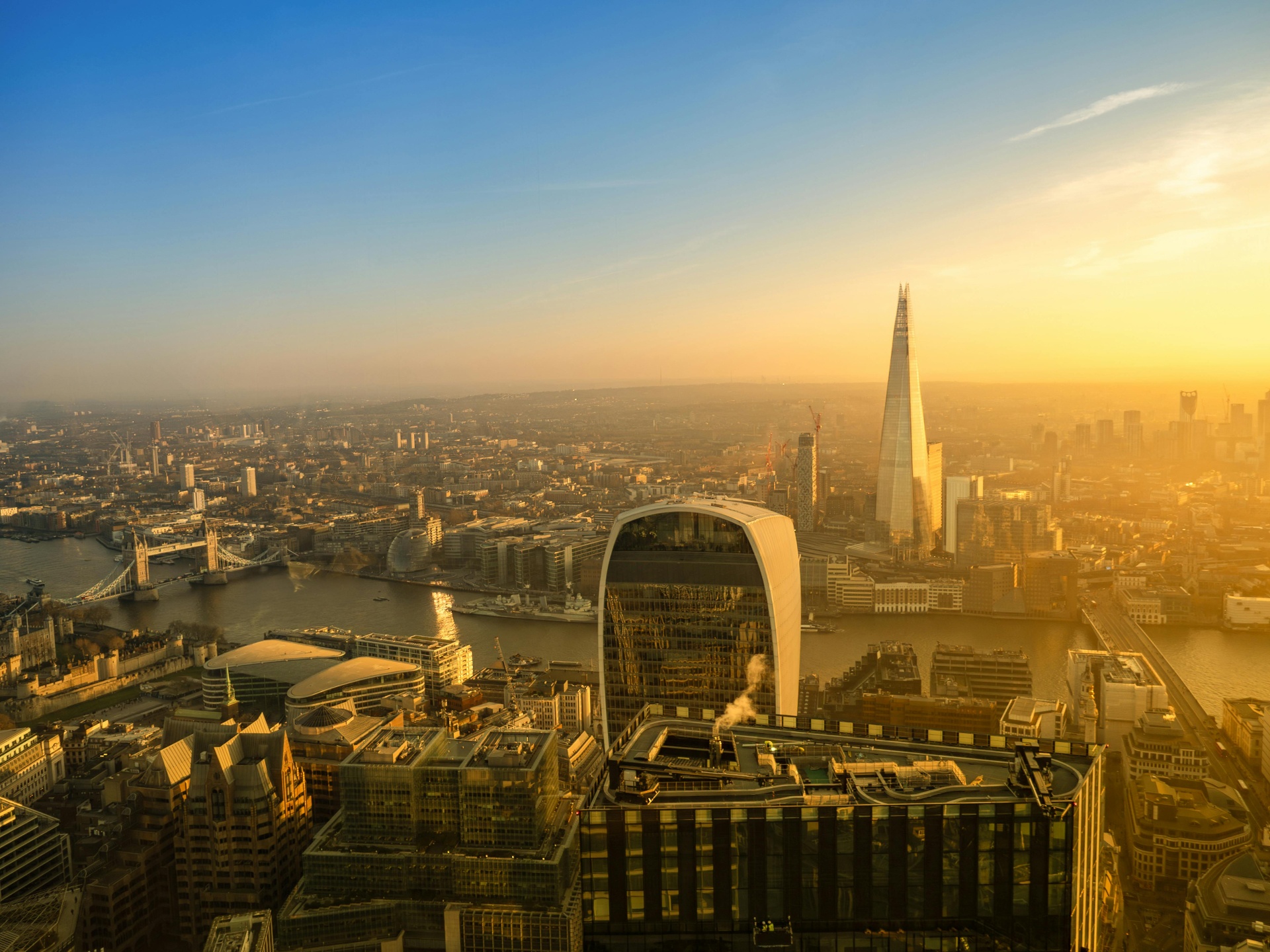 Aerial view of central London at golden hour